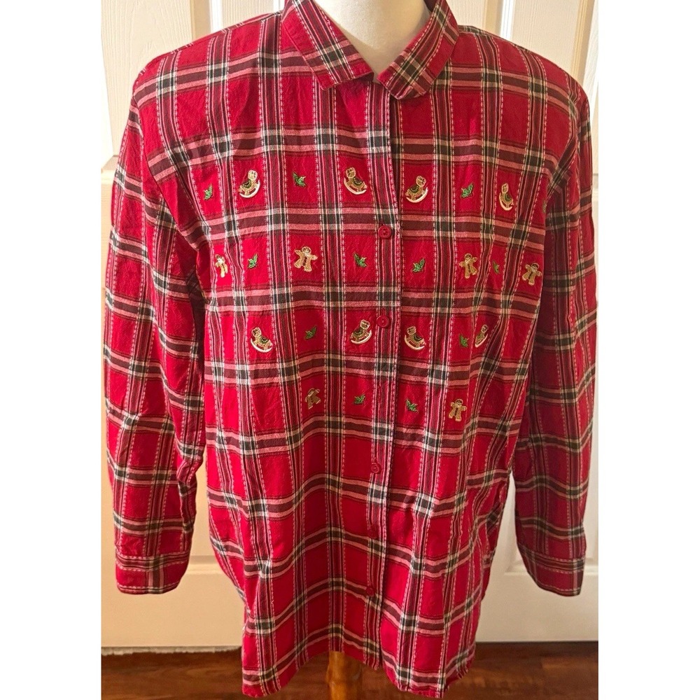 Vintage  Karen Scott Christmas Shirt XL Plaid Embroidered Teacher Button Up 90s